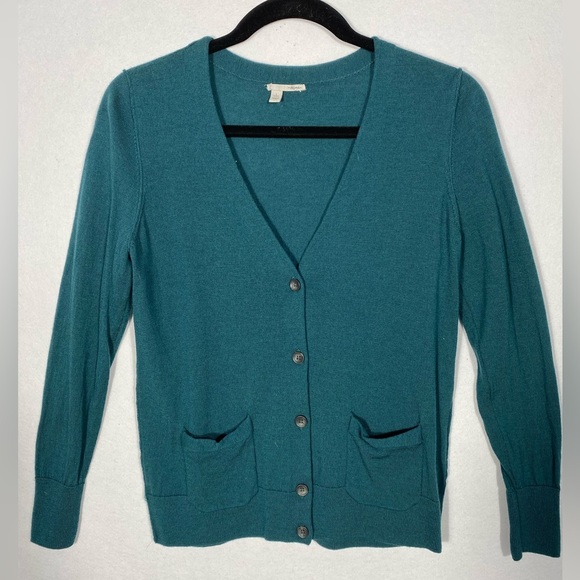 Halogen 100% Merino Wool Dark Green V-Neck Cardigan Sweater size large - Picture 1 of 12